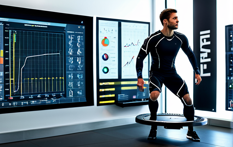 A professional male athlete in a sleek, modern athletic training suit, fully clothed, positioned on a specialized force plate in mid-jump. Small reflective motion capture markers are strategically placed on his body. He is in a high-tech sports science laboratory, surrounded by advanced 3D motion capture cameras. Large display screens in the background show intricate biomechanical data, skeletal overlays, and dynamic graphs of human movement. The lab is brightly lit, futuristic, and sterile. Professional photography, high-resolution, sharp focus, perfect anatomy, correct proportions, natural pose, well-formed hands, proper finger count, natural body proportions, safe for work, appropriate content, fully clothed, professional.