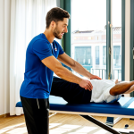 Sports Rehabilitation Clinic**

A bright and modern sports rehabilitation clinic in Madrid, Spain. A physical therapist, fully clothed in professional attire, is demonstrating a hamstring stretch to a young male athlete (fully clothed in athletic wear) on a treatment table. Natural sunlight streaming through large windows. Various exercise equipment visible in the background. Safe for work, appropriate content, professional, family-friendly, perfect anatomy, natural proportions. High-quality photograph.

**