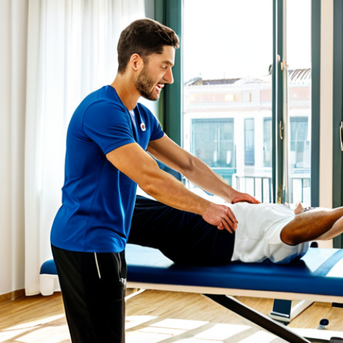 Home 26 Sports Rehabilitation Clinic**
A bright and modern sports rehabilitation clinic in Madrid, Spain. A physical therapist, fully clothed in professional attire, is demonstrating a hamstring stretch to a young male athlete (fully clothed in athletic wear) on a treatment table. Natural sunlight streaming through large windows. Various exercise equipment visible in the background. Safe for work, appropriate content, professional, family-friendly, perfect anatomy, natural proportions. High-quality photograph.
**