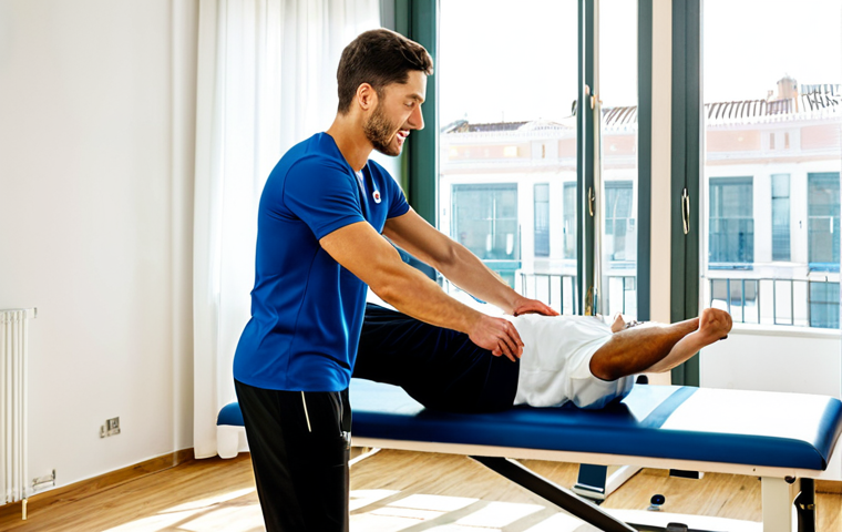 Sports Rehabilitation Clinic**

A bright and modern sports rehabilitation clinic in Madrid, Spain. A physical therapist, fully clothed in professional attire, is demonstrating a hamstring stretch to a young male athlete (fully clothed in athletic wear) on a treatment table. Natural sunlight streaming through large windows. Various exercise equipment visible in the background. Safe for work, appropriate content, professional, family-friendly, perfect anatomy, natural proportions. High-quality photograph.

**