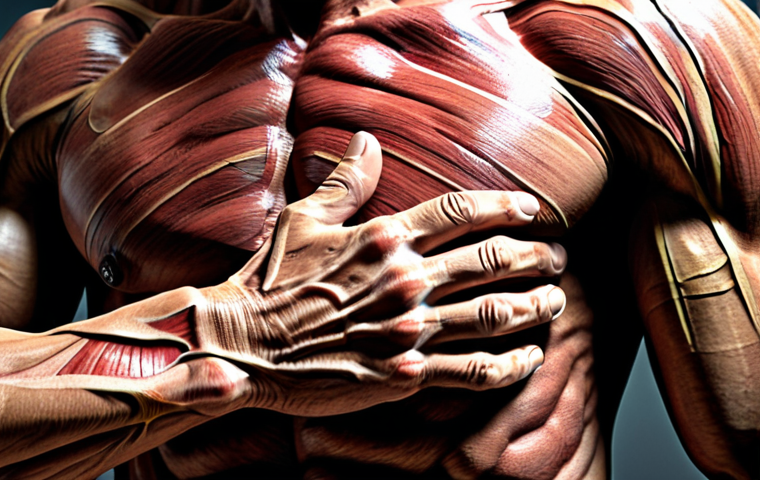 **"Hands-on Anatomy Discovery":** A focused shot of hands palpating a shoulder muscle, anatomical markers drawn on the skin. Emphasize detail and texture. "anatomy palpation", "muscles", "medical illustration", "detailed", "professional"