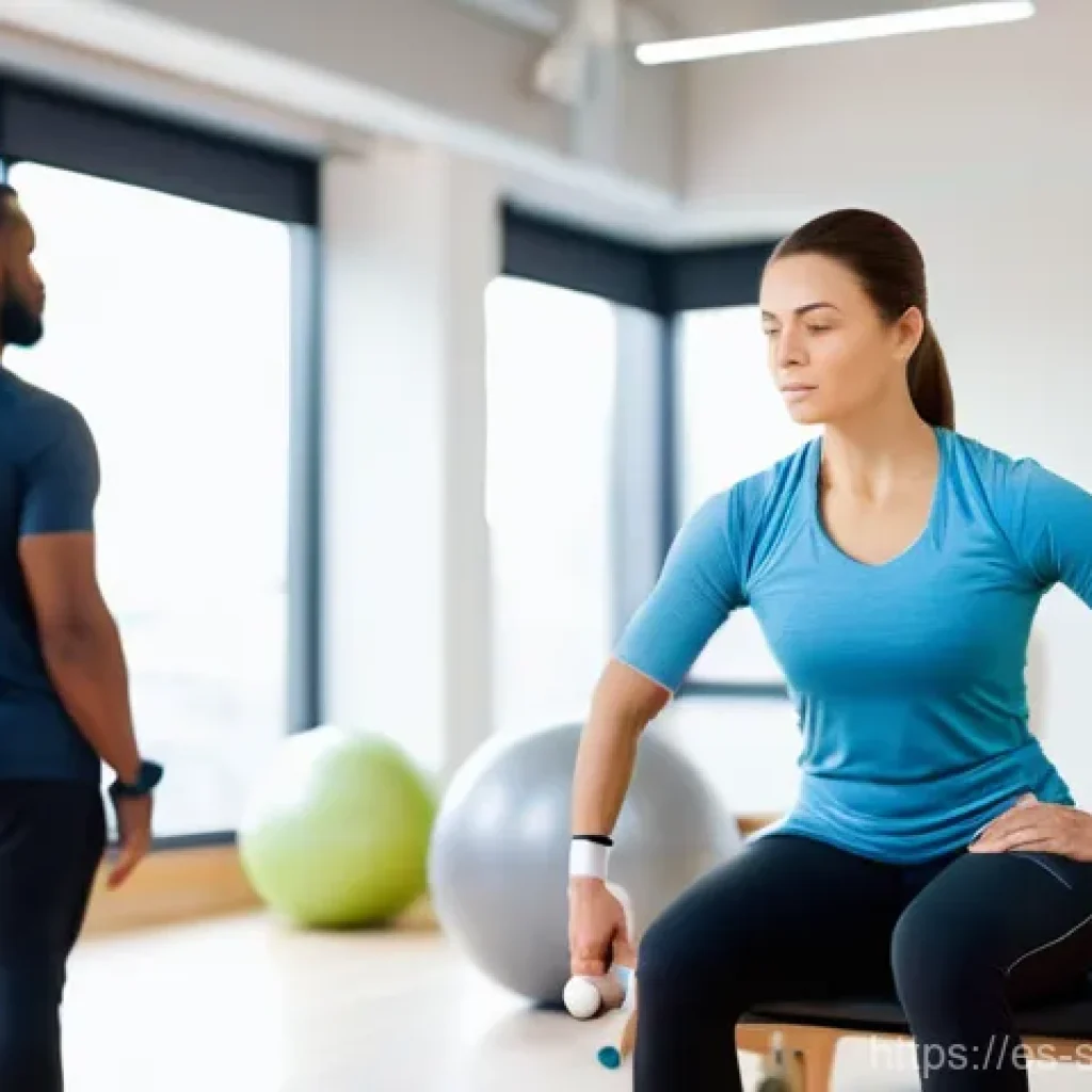 스포츠재활에서 발생할 수 있는 의료 사고 - **Prompt:** A modern, brightly lit physiotherapy clinic. In the foreground, a female patient in her ...