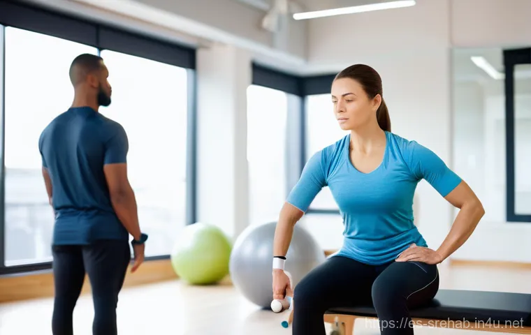 스포츠재활에서 발생할 수 있는 의료 사고 - **Prompt:** A modern, brightly lit physiotherapy clinic. In the foreground, a female patient in her ...