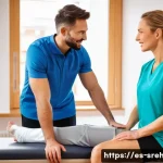 스포츠재활 실기 준비 가이드 - A professional female physiotherapist, with a warm and empathetic expression, gently palpating the k...