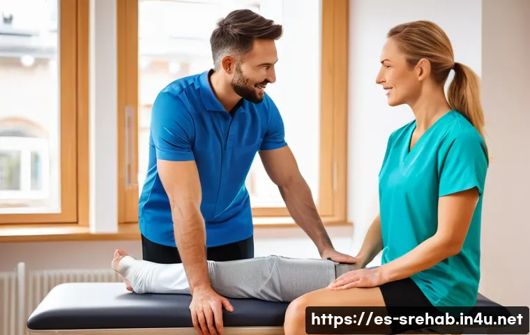 스포츠재활 실기 준비 가이드 - A professional female physiotherapist, with a warm and empathetic expression, gently palpating the k...