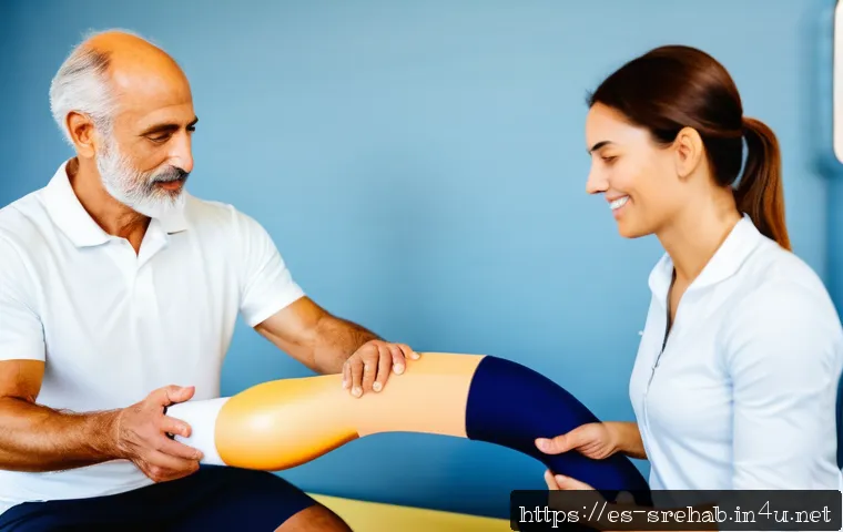 스포츠재활 전문가로서의 소셜 미디어 활용 - A professional physical therapist in a modern sports rehabilitation clinic in Spain, wearing comfort...