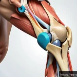 스포츠재활 전문가가 알아야 할 해부학 - A detailed anatomical illustration of a human knee joint in motion, showcasing its multi-plane kinem...
