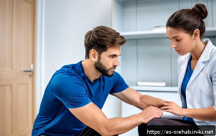 스포츠재활 경력 초보자를 위한 가이드 - A professional sports physiotherapist examining a young adult athlete&rsquo;s injured knee in a modern cli...