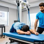 스포츠재활과 체육학의 접점 - A detailed scene of a professional sports rehabilitation clinic in Spain, showing a young male athle...