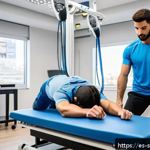 스포츠재활과 체육학의 접점 - A detailed scene of a professional sports rehabilitation clinic in Spain, showing a young male athle...