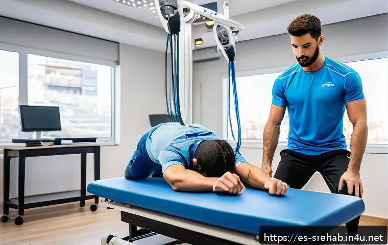 스포츠재활과 체육학의 접점 - A detailed scene of a professional sports rehabilitation clinic in Spain, showing a young male athle...