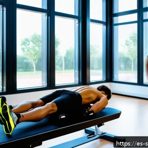 스포츠재활 클리닉 운영 노하우 - A modern sports rehabilitation clinic room featuring a professional physiotherapist assisting a youn...