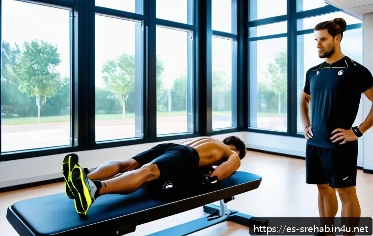 스포츠재활 클리닉 운영 노하우 - A modern sports rehabilitation clinic room featuring a professional physiotherapist assisting a youn...