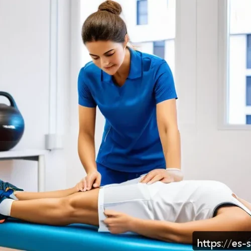 스포츠재활 분야의 여성 전문가 성공 사례 - A professional female physiotherapist in a modern rehabilitation clinic in Spain, attentively custom...