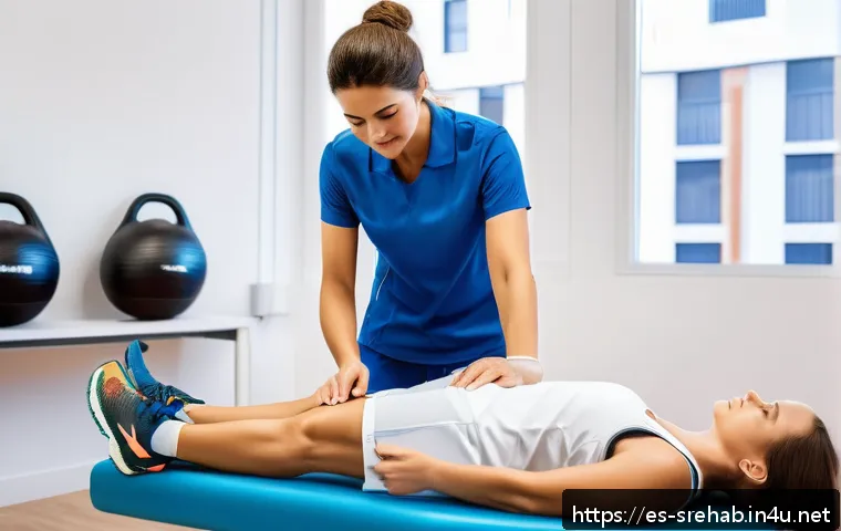 스포츠재활 분야의 여성 전문가 성공 사례 - A professional female physiotherapist in a modern rehabilitation clinic in Spain, attentively custom...