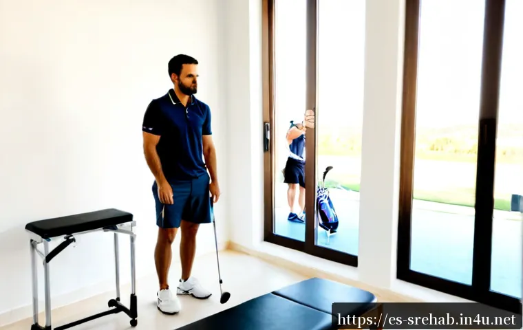 스포츠재활 사례 분석  골프 선수 - Photorealistic sports rehabilitation case analysis scene featuring an adult Spanish male golf player...